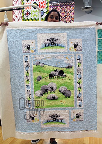 Anu's Suzybee Panel Quilt after quilting it on an APQS longarm quilting machine at Quilted Joy